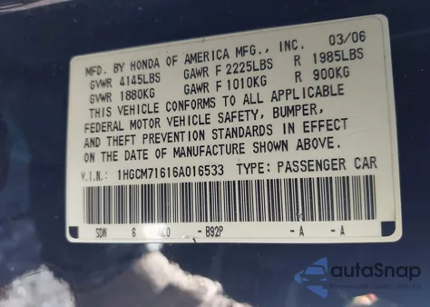 2006 Honda Accord 2.4 Ex from USA, damaged, VIN 1HGCM71616A016533